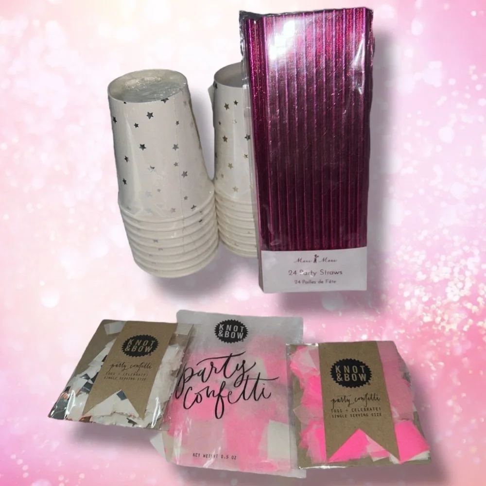 NWT Anthropologie Pink Silver & Gold Party Supplies Cups Straws Confetti foil